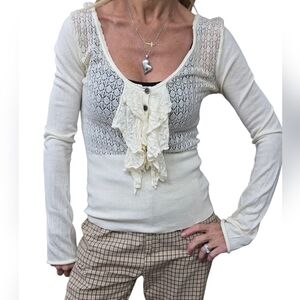 Free People Lace Ruffle Top Cream Knit Long Sleeve Small Coquette